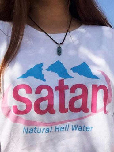 white tshirt like evian water but it is written satan and natural hell water written in blue below