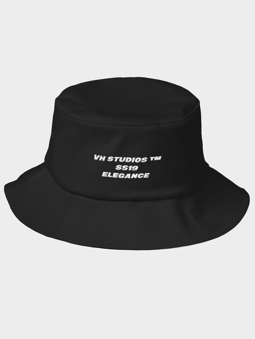 black old school bucket hat vh studios elegance collection with the white capital letters text vh studio ss19 elegance