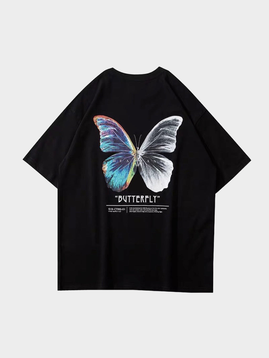 back view, black tshirt with a big butterly printed. One side is multicolor and the other in black and white