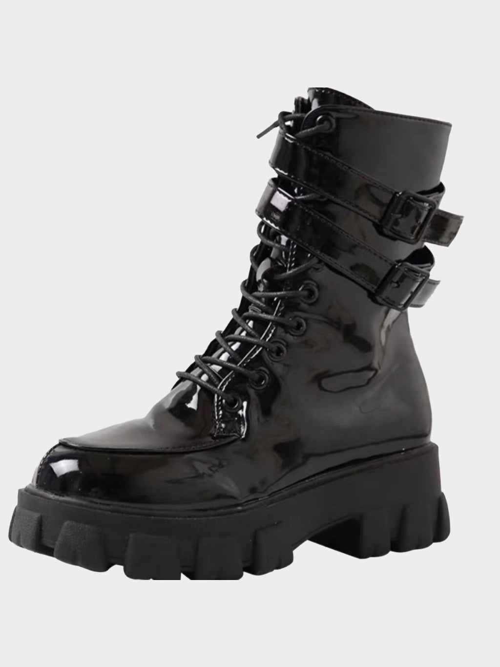 black shiny faux leather punk boot with small platform sole with two buckle strap at the top. These boots closes by a zipper