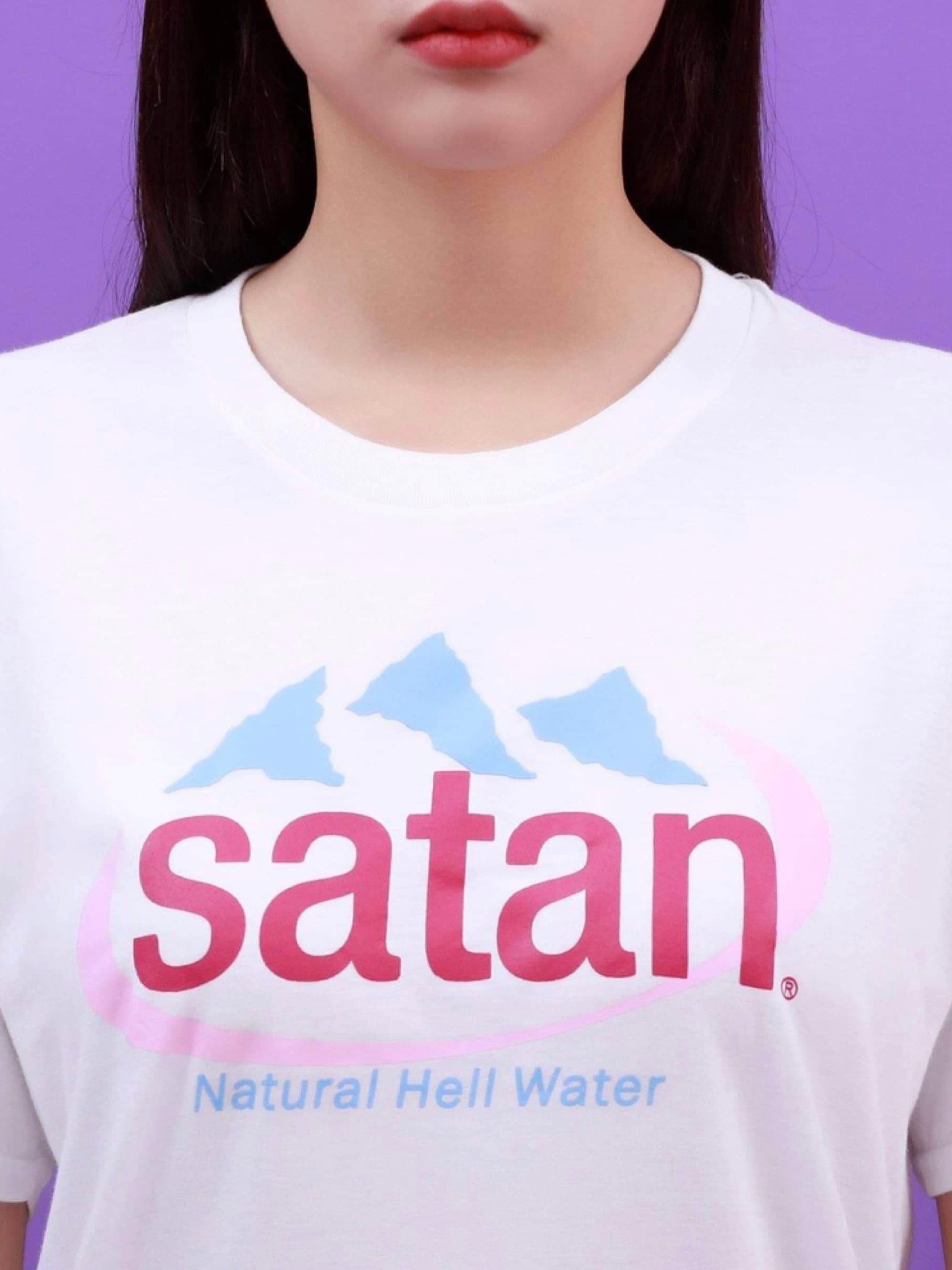 white tshirt like evian water but it is written satan and natural hell water written in blue below