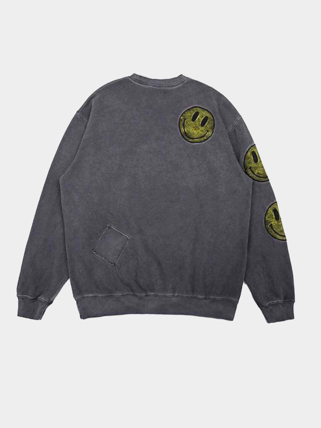 patched gray pullover with large yellow smiling faces on the sleeves and one in the upper back