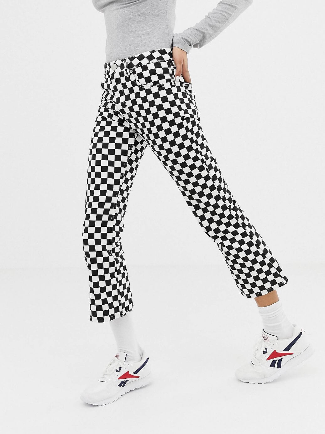 straight black and white checkered full zipper pants