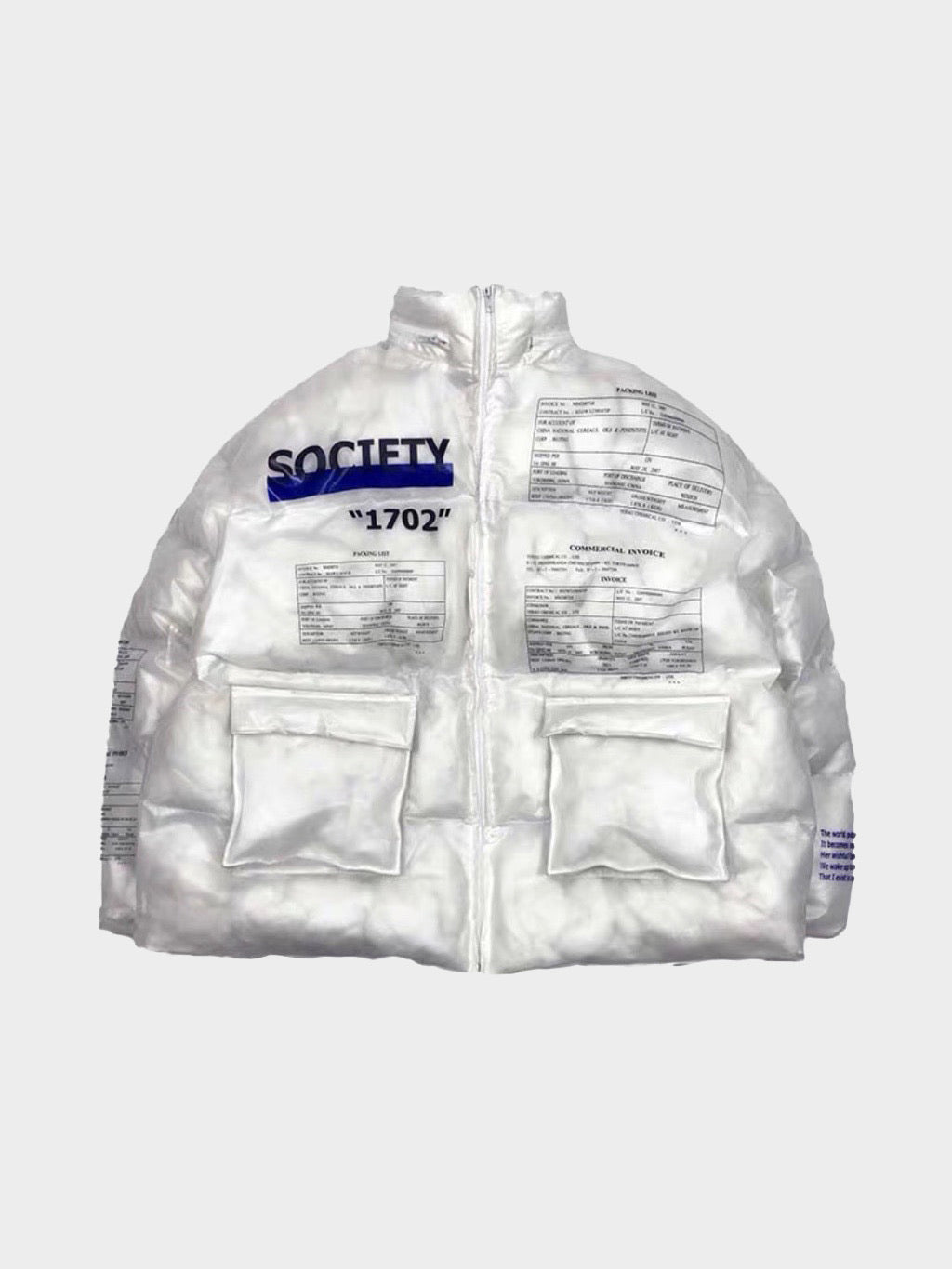 white transparent pvc puffy jacket with two front pockets and several texts in black