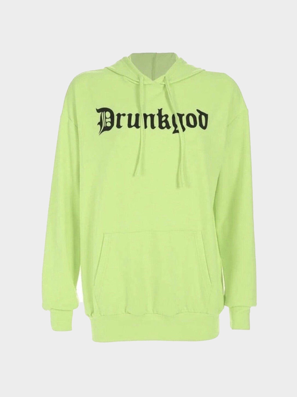 neon green hoodie with gothic letters which form the word drunkgod