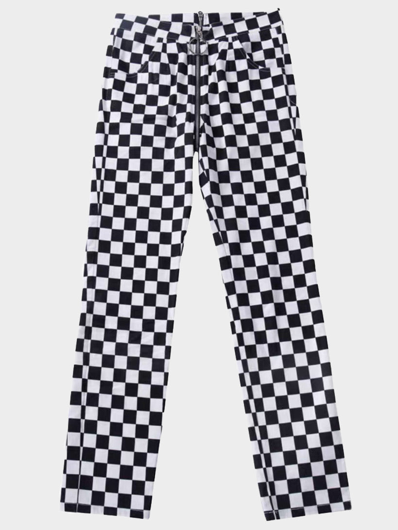 straight black and white checkered full zipper pants with two front pockets