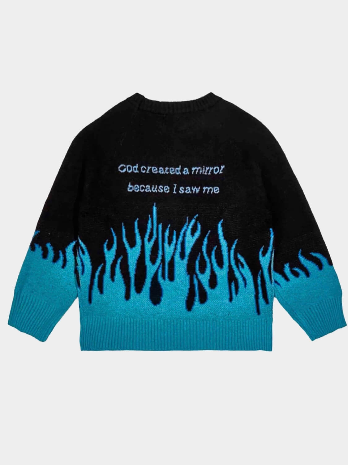 back view of our black knitted sweater with blue flames that comes from the bottom of the sweater and the wrists with blue embroidered butterflies. it is written and embroidered god created a mirror because i saw me