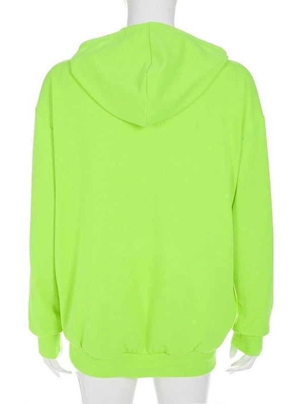 back view of our neon green hoodie with gothic letters which form the word drunkgod