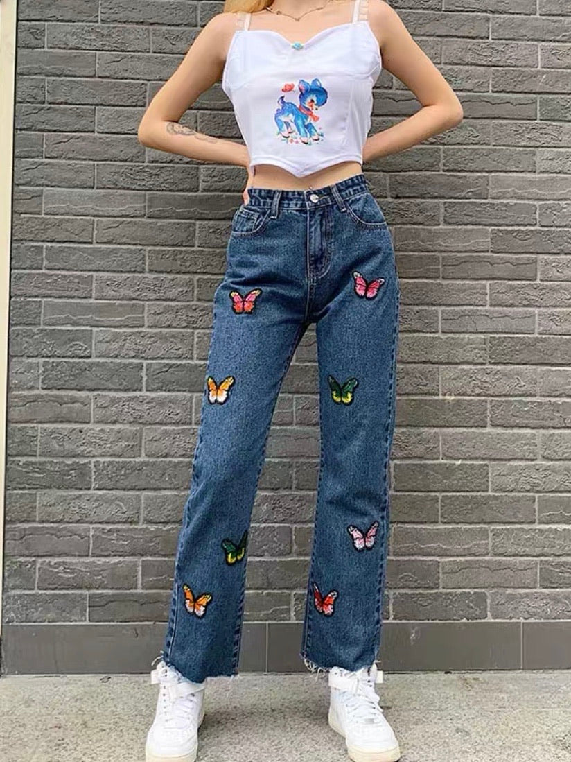 Butterfly embroidery jeans