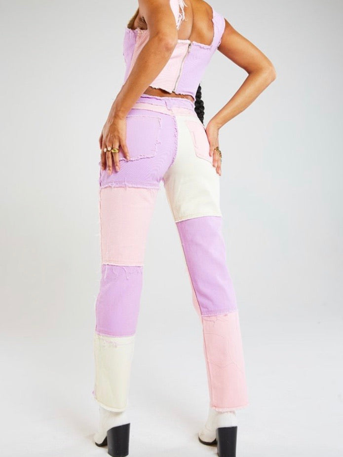 Patchwork denim boyfriend jeans pink