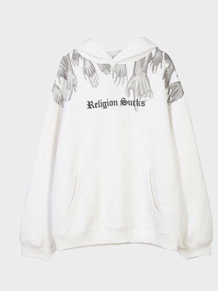 white hoodie with a front pocket, religion sucks written in black on the chest in gothic letters with x-ray hands leaving from the top of the sweater