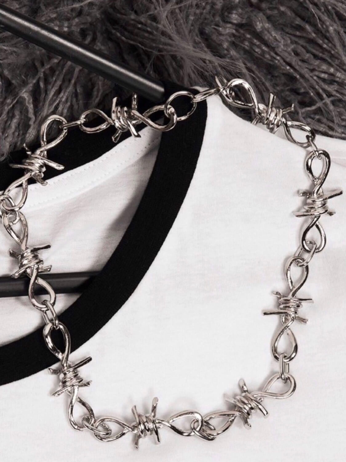 silver metal barbed wire necklace