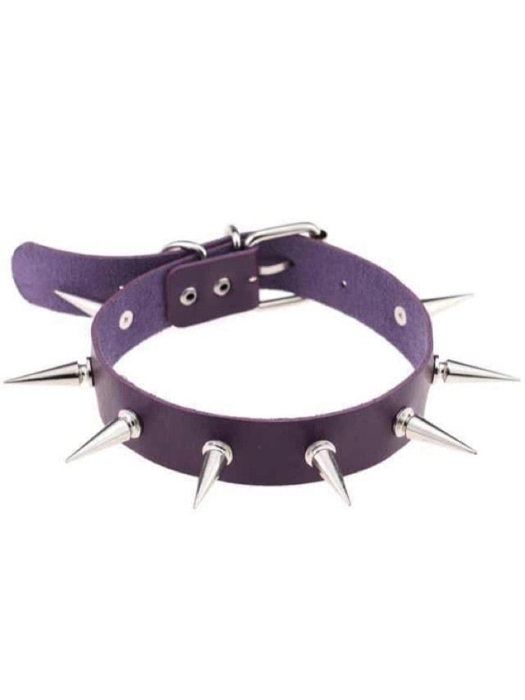 purple faux leather silver spikes necklace