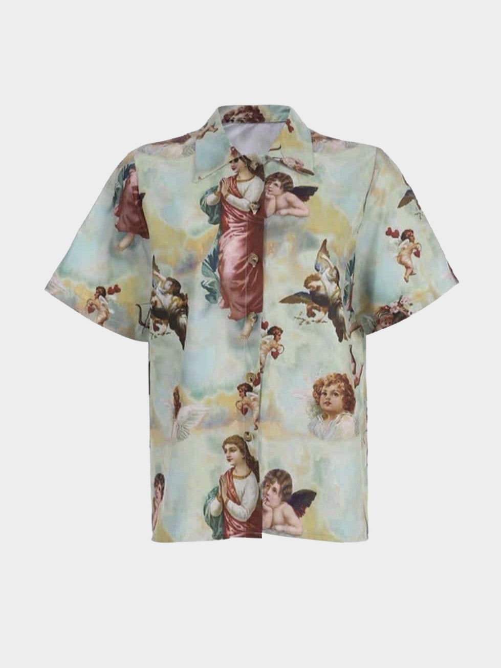 front view of the angels shirt with angels and biblical characters on a sky background