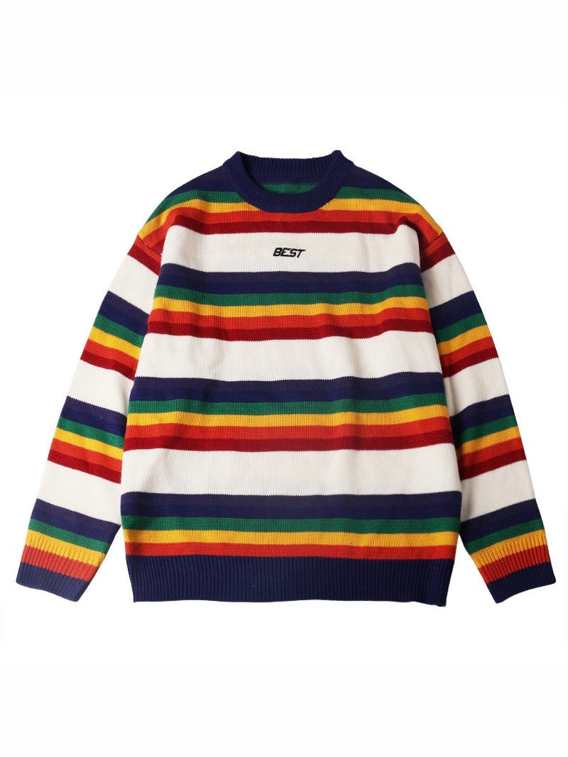 knitted sweater with rainbow lines between big white lines. Best is embroidered in black on the chest on a white line