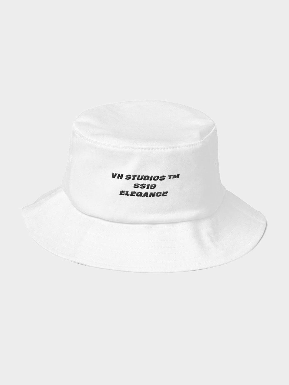 white old school bucket hat vh studios elegance collection with a black capital letters text vh studios ss19 elegance