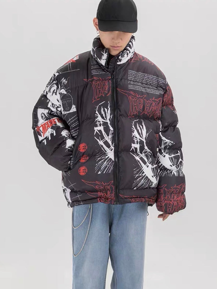 front view of the black anime printed puffer jacket, high collar, closed by a zipper