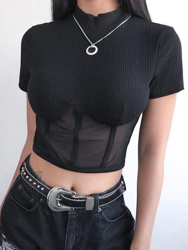 BLACK PATCHWORK MESH TOP