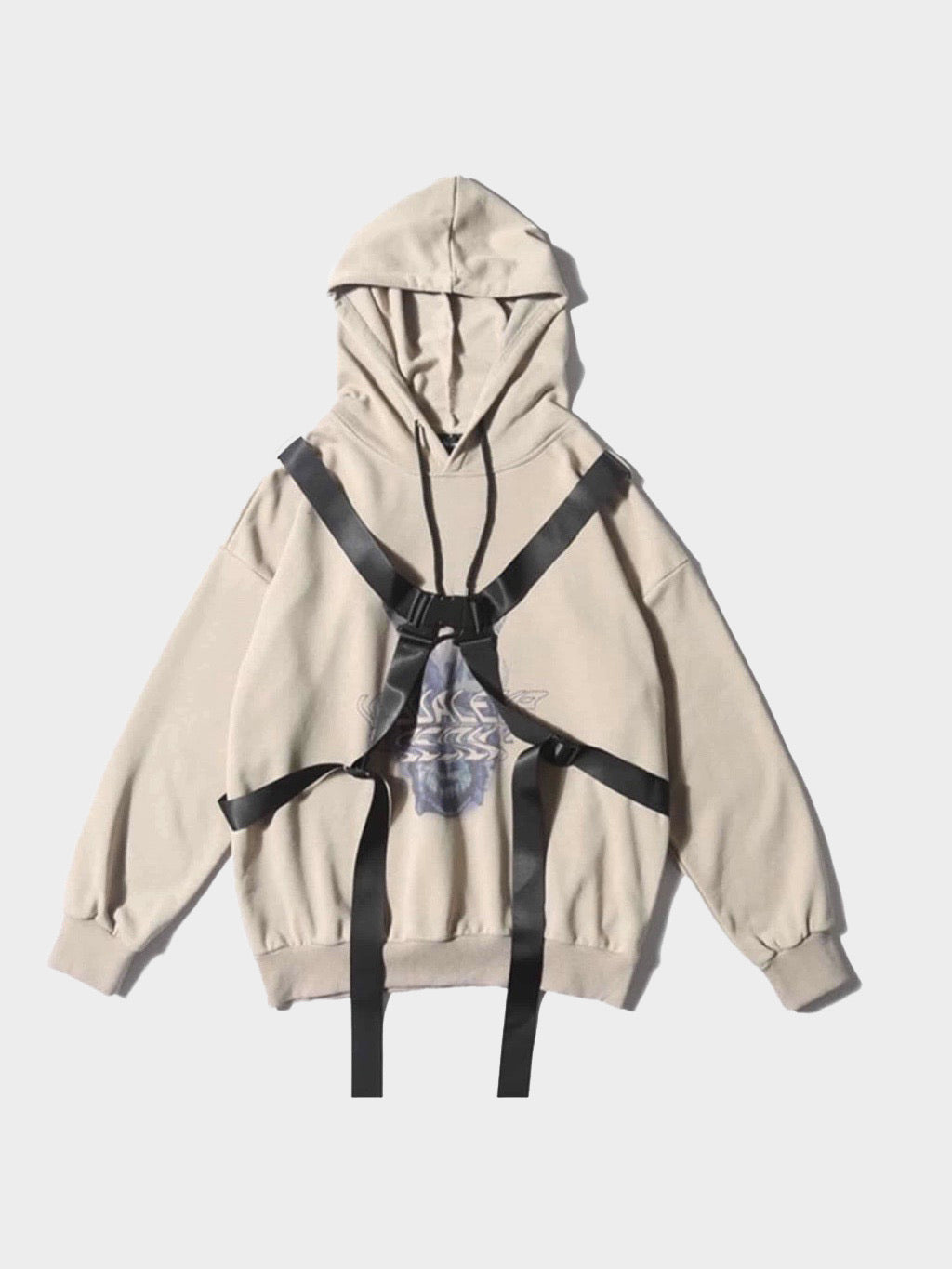 beige hoodie with black tactical long straps