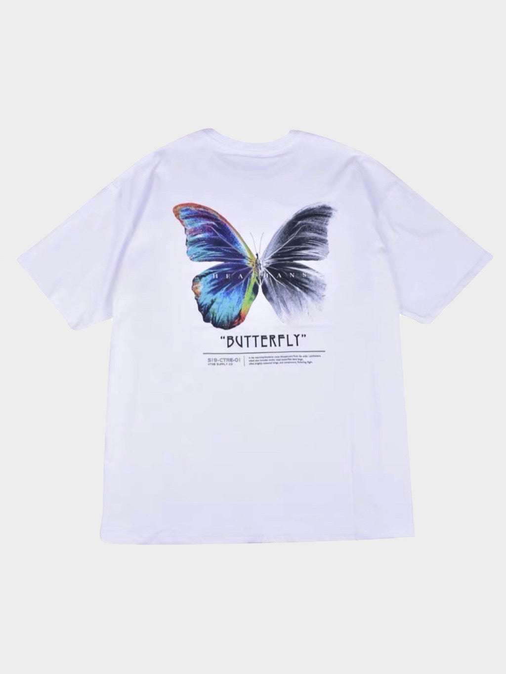 back view, white tshirt with a big butterly printed. One side is multicolor and the other in black and white