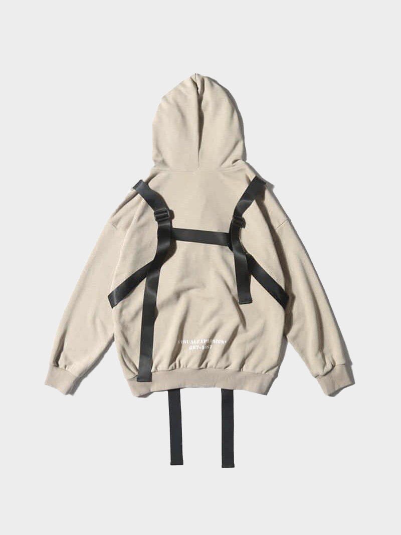 back face of our beige hoodie with black tactical adjustable long straps