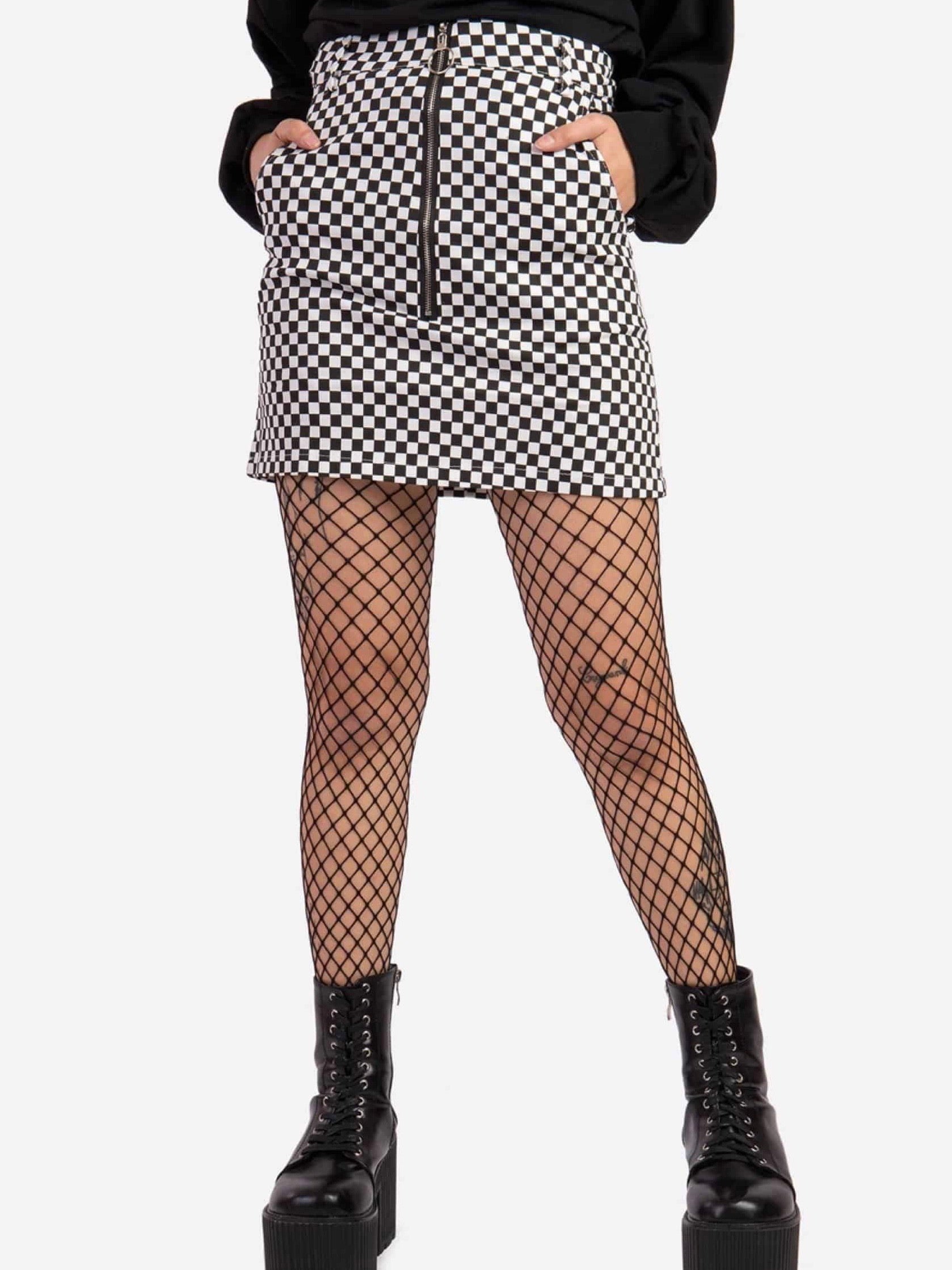 black and white checkered high waist skirt with a long silver front zipper handable with a ring