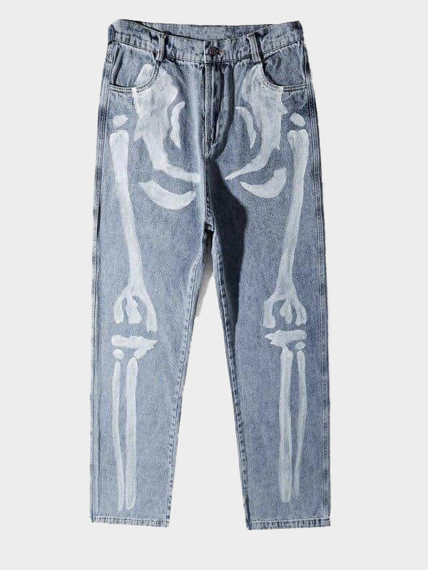 blue jeans with skeleton painted 