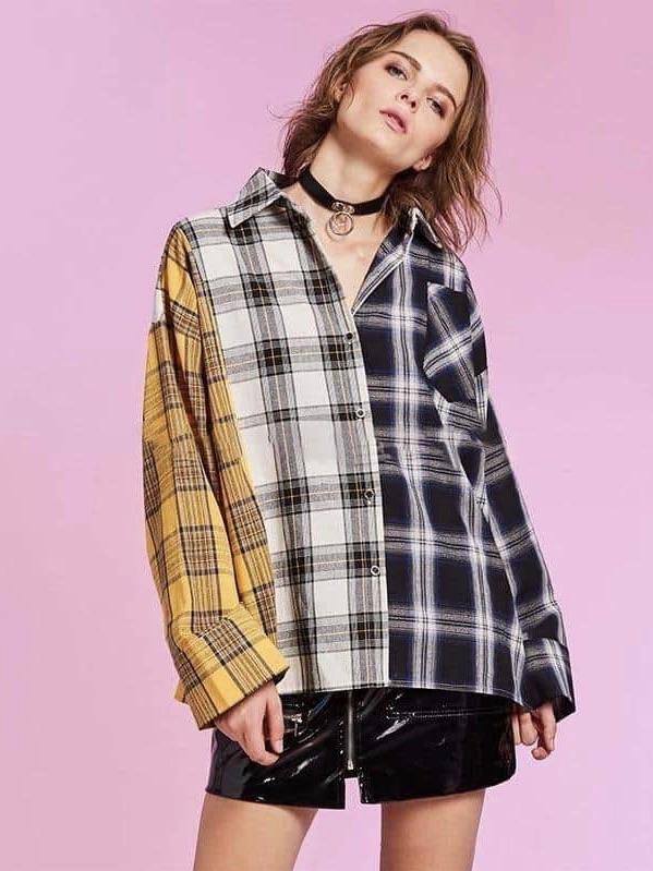 plaid blouse checkered in yellow for one panel, grey for the other and black for another one worn by a woman in one size