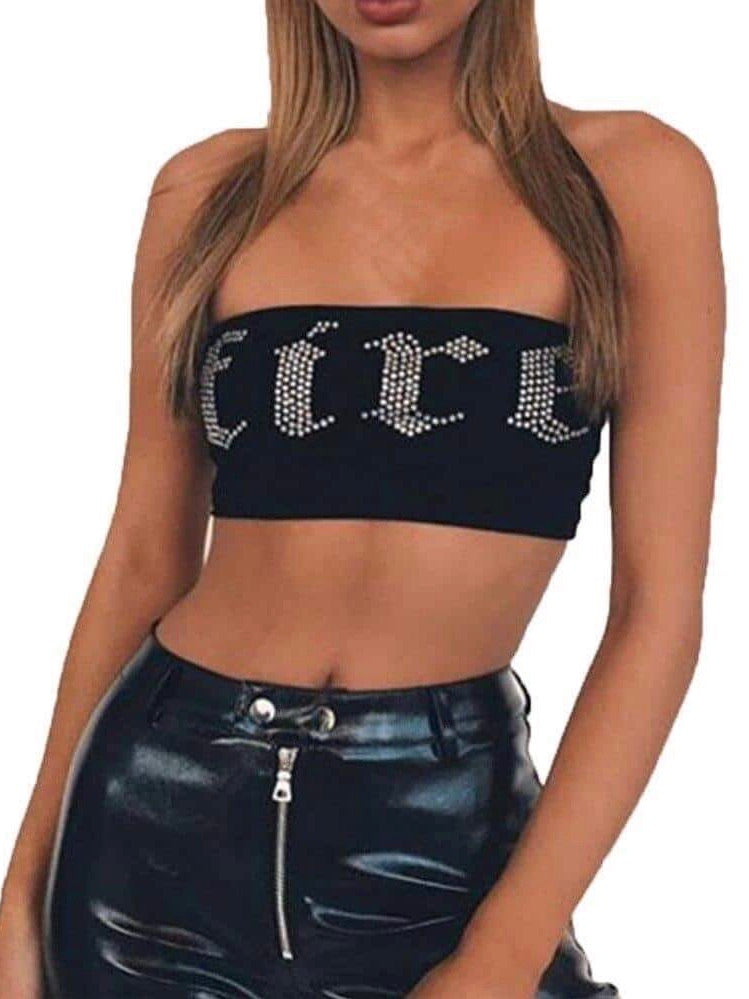 elastic black bandeau with rhinestones which form the word fire