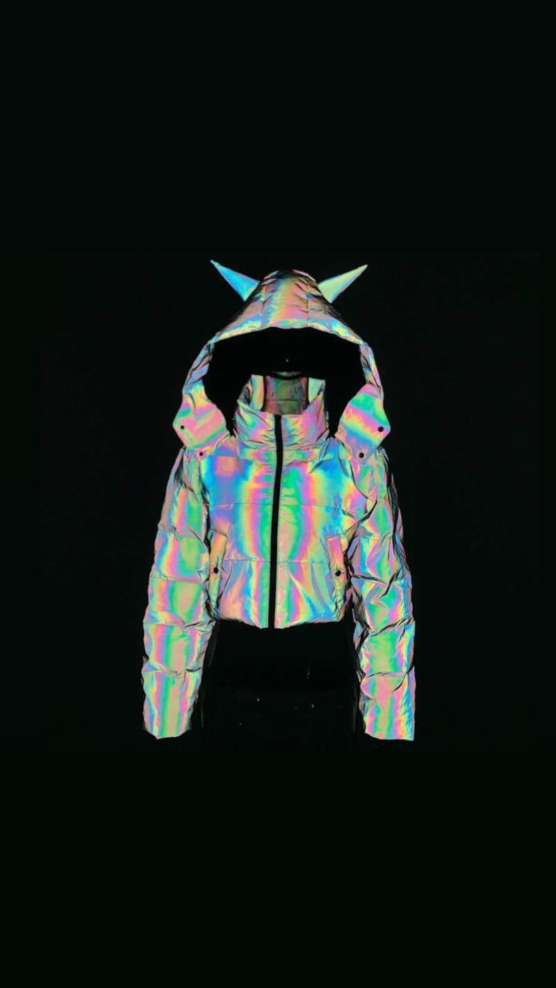 front view of our puffy reflective hooded devil jacket with two front pockets. The hood is detachable. The light is on is and gives it a rainbow effect