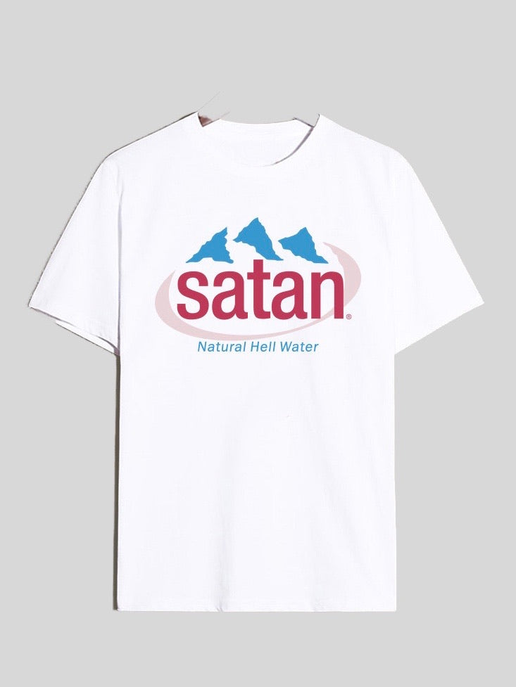 white tshirt like evian water but it is written satan and natural hell water written in blue below