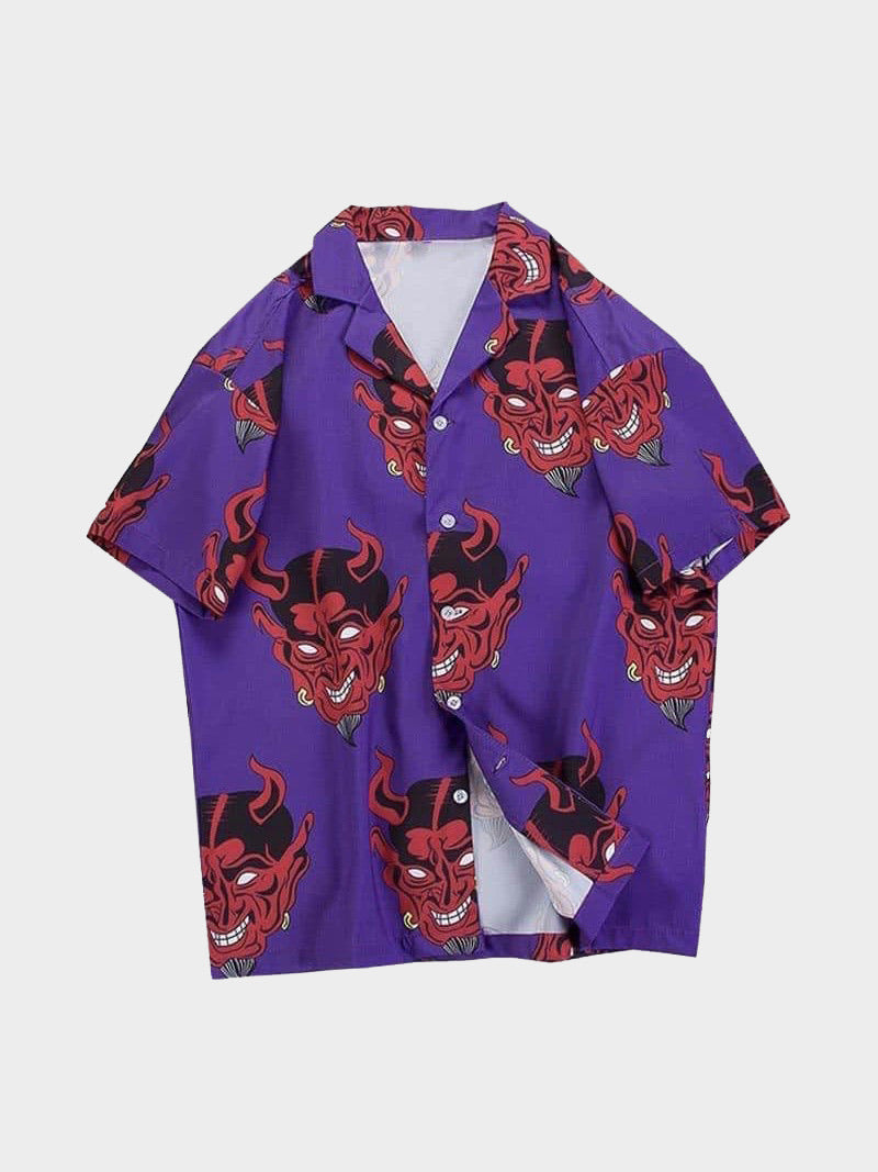 purple shirt with smiling red devil faces