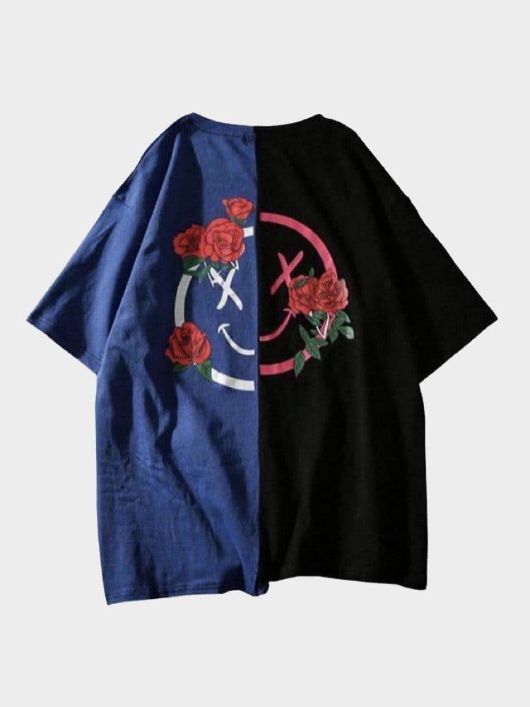 back side of our t-shirt separated into two parts, one blue and the other black with a big dead smiling face in different colors in each side orned by several roses