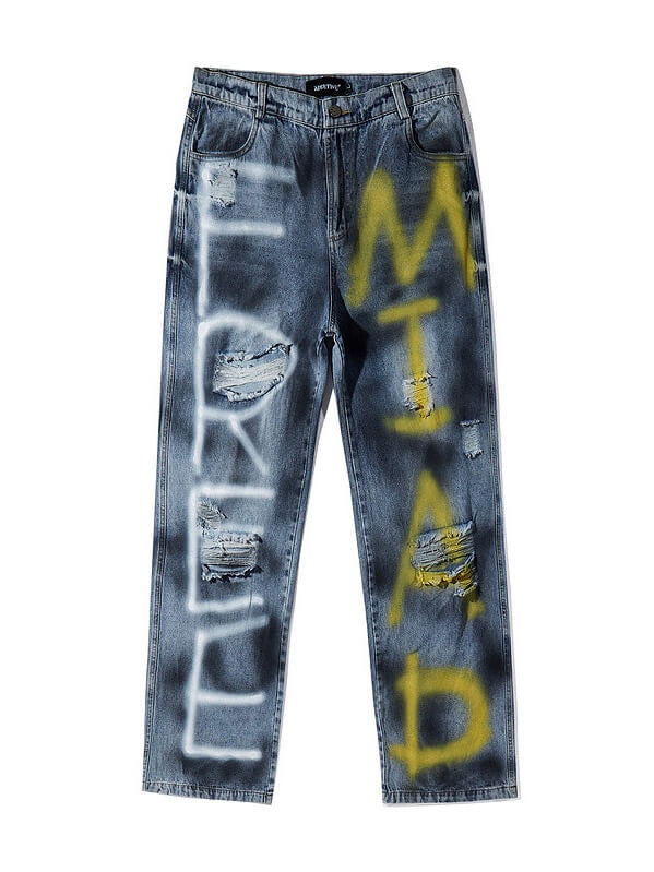 destroyed jeans with graffiti on legs, blue