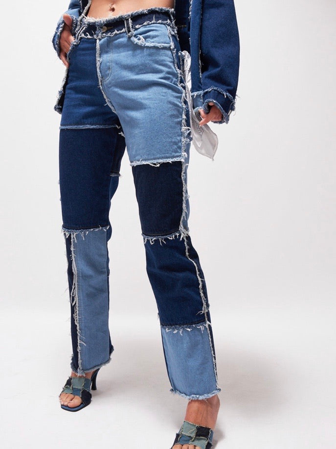 Patchwork denim boyfriend jeans