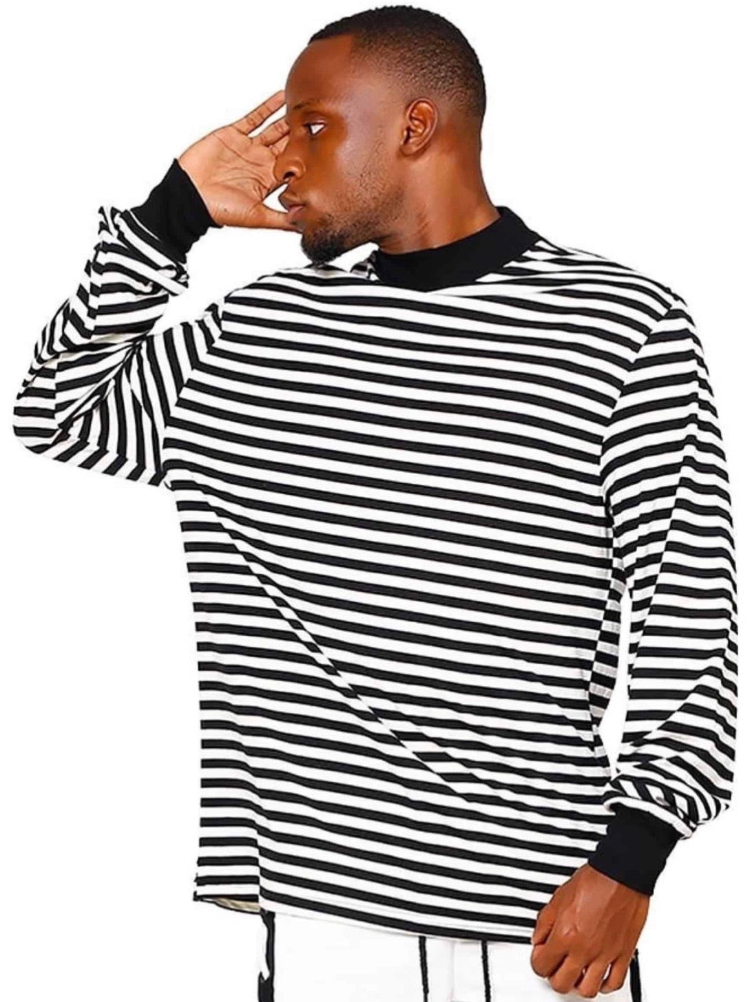 black and white striped sweater with black wrists and collar