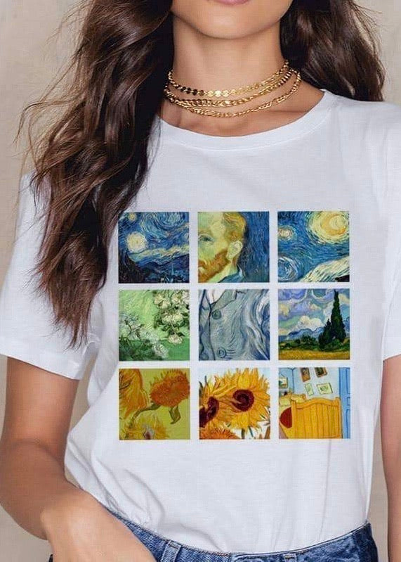 front view of the white art grid tshirt of van gogh paintings