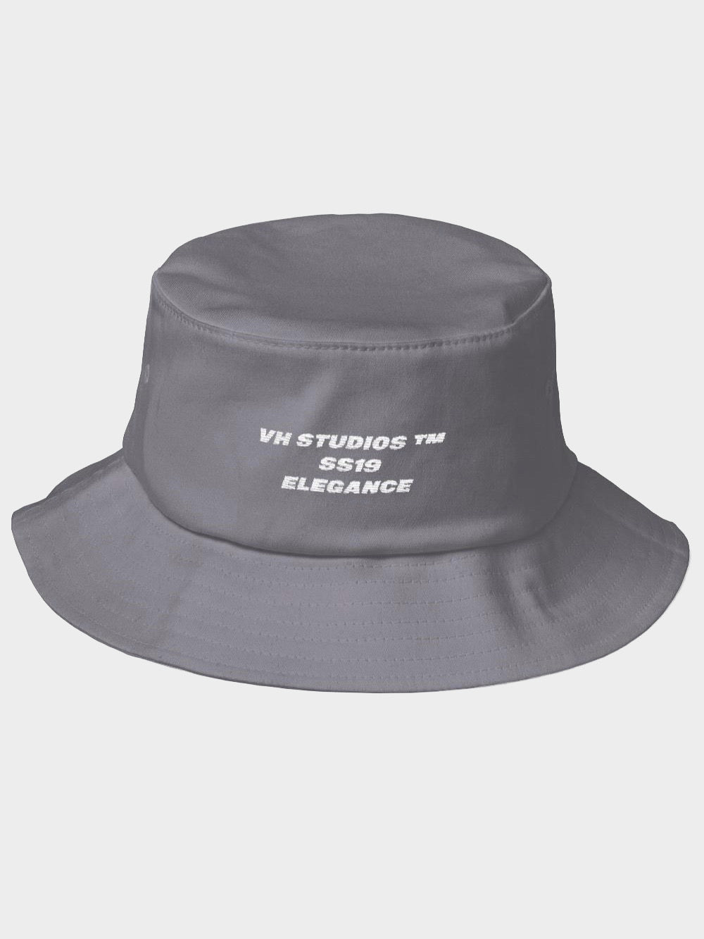 grey old school bucket hat vh studios elegance collection with the white capital letters text vh studio ss19 elegance