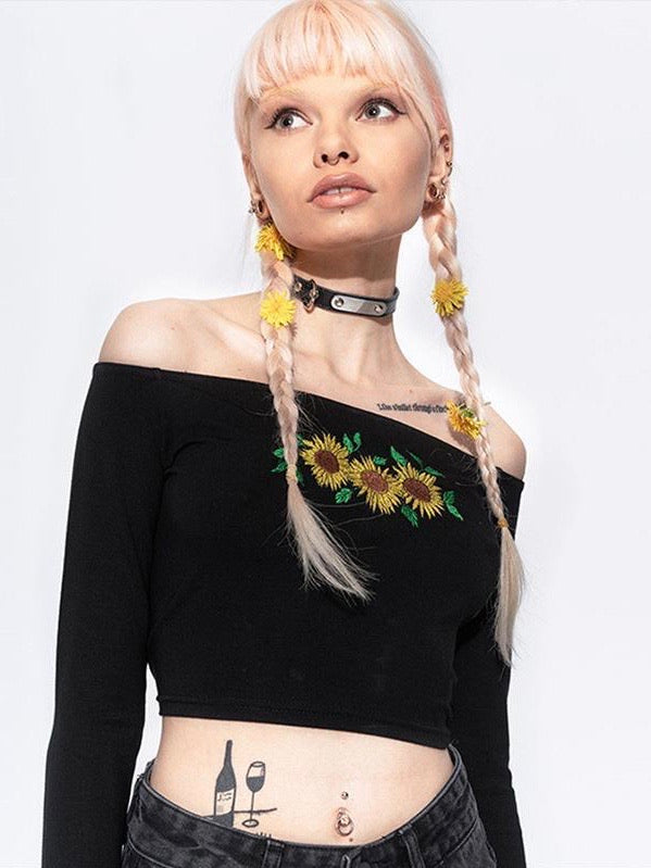 SUNFLOWER OFF SHOULDER TOP EMBROIDERY FLORAL