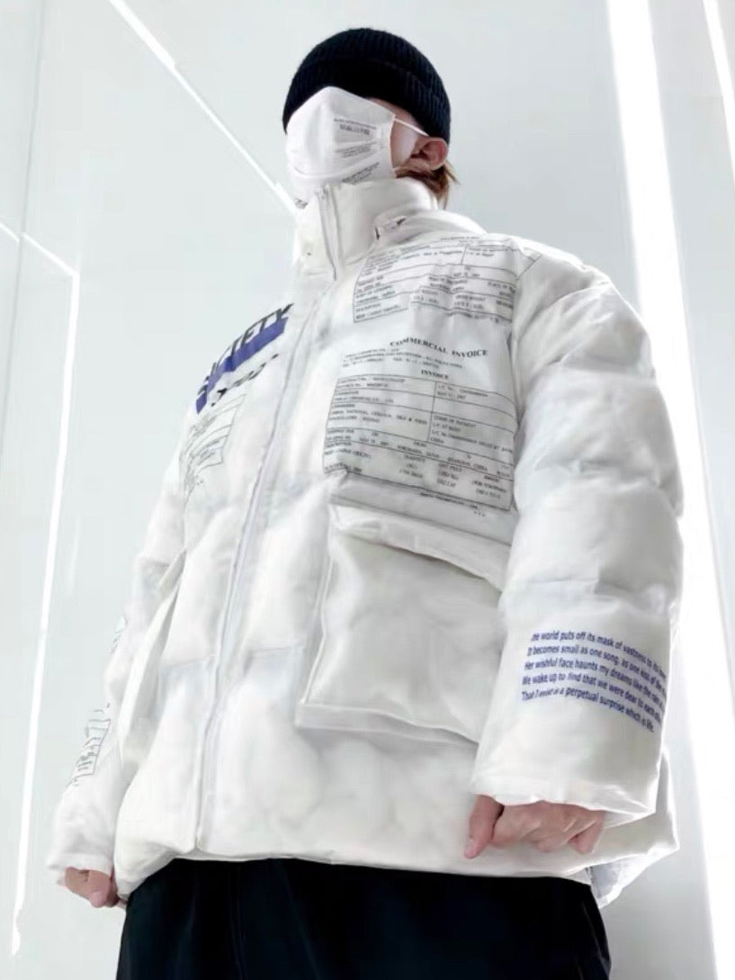 white transparent pvc puffy jacket with two front pockets and several texts in black worn