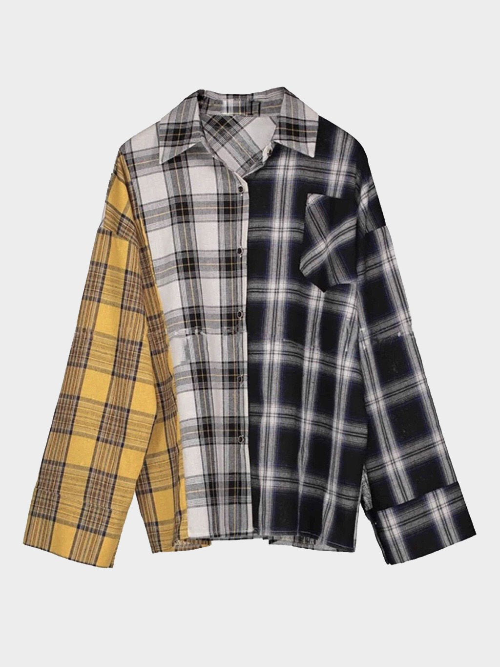 plaid blouse checkered in yellow for one panel, grey for the other and black for another one in one size