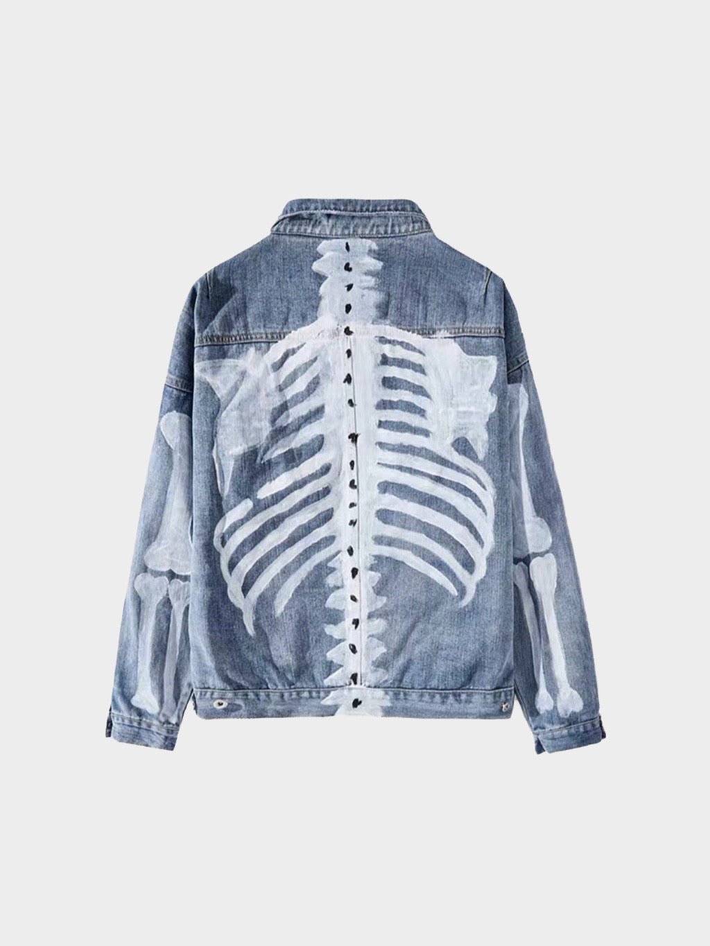 back view of our blue denim jacket with the skeleton painted in white