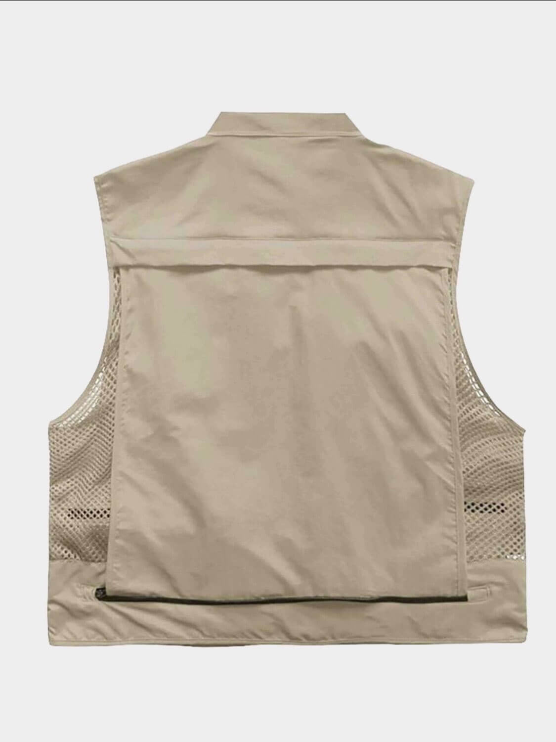 back view of the beige fishing vest with several pockets