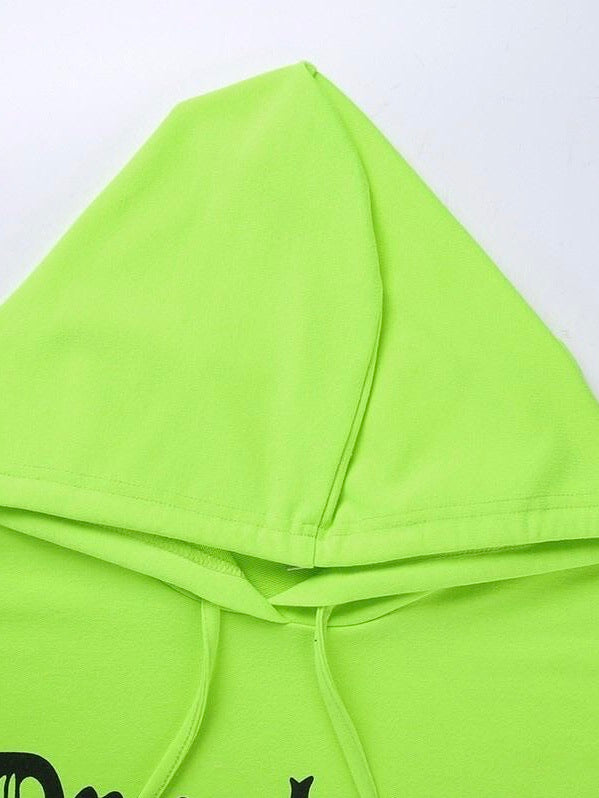 details of the hood of our neon green hoodie with gothic letters which form the word drunkgod