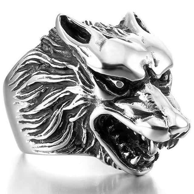 angry wolf head ring