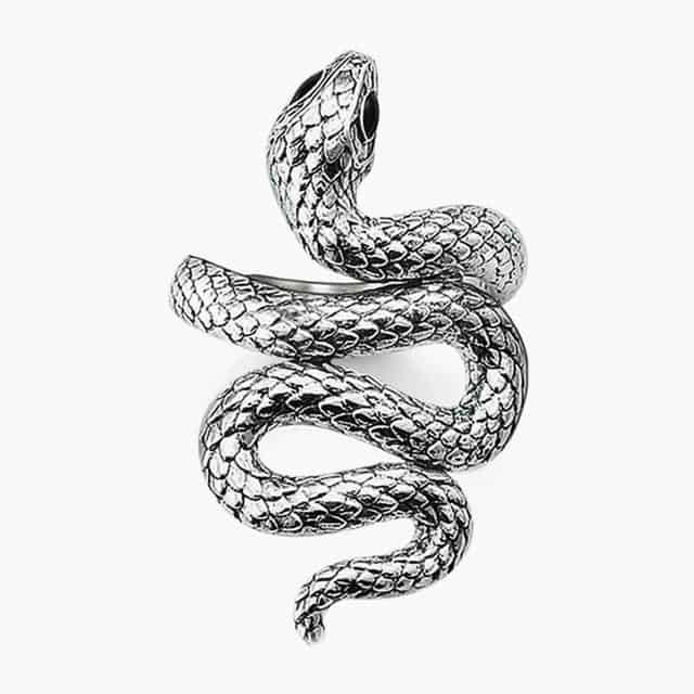 silver plated snake with black eyes ring